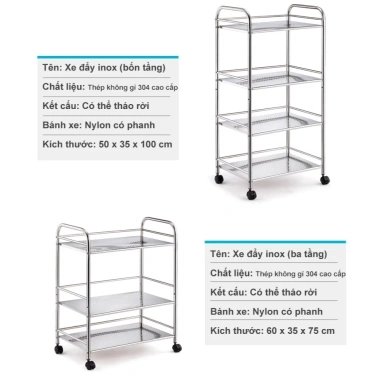 RACK Xe đẩy phòng bếp thép không gỉ - Bán đồ ăn, chống gỉ, bền, sạch, 539.000₫