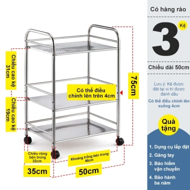 RACK Xe đẩy phòng bếp thép không gỉ - Bán đồ ăn, chống gỉ, bền, sạch, 539.000₫