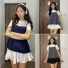 Set áo yếm denim A.751 babydoll vạt ly nhún và áo thun trắng basic - Giá 78.992₫