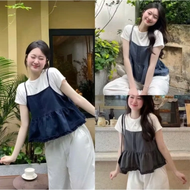 Set áo yếm denim A.751 babydoll vạt ly nhún và áo thun trắng basic - Giá 78.992₫ 2