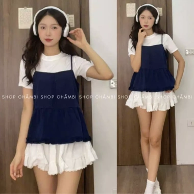 Set áo yếm denim A.751 babydoll vạt ly nhún và áo thun trắng basic - Giá 78.992₫ 3
