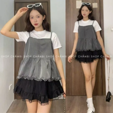 Set áo yếm denim A.751 babydoll vạt ly nhún và áo thun trắng basic - Giá 78.992₫ 4
