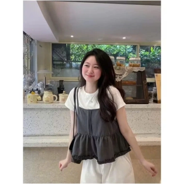 Set áo yếm denim A.751 babydoll vạt ly nhún và áo thun trắng basic - Giá 78.992₫ 7