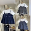 Set áo yếm denim A.751 babydoll vạt ly nhún và áo thun trắng basic - Giá 78.992₫ 9
