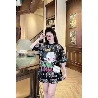 Sét bộ cute vải gân tăm in chuyển nhiệt, tặng dây chuyền thời trang, giảm 21%