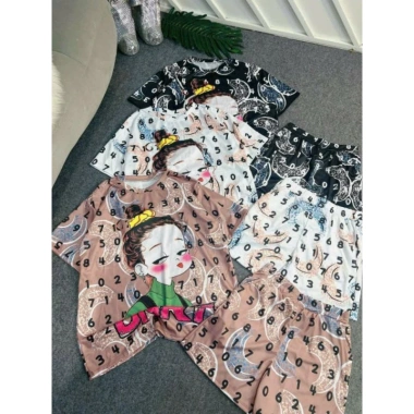 Sét bộ cute vải gân tăm in chuyển nhiệt, tặng dây chuyền thời trang, giảm 21%