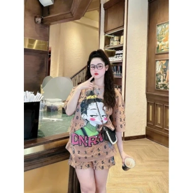 Sét bộ cute vải gân tăm in chuyển nhiệt, tặng dây chuyền thời trang, giảm 21%