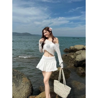 Sét hót 4 món áo bra có đính hoa có mút quần bikini rời khoác ren hoa chuẩn hình chân váy lưng thun phối ren đi biển
