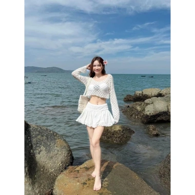 Sét hót 4 món áo bra có đính hoa có mút quần bikini rời khoác ren hoa chuẩn hình chân váy lưng thun phối ren đi biển