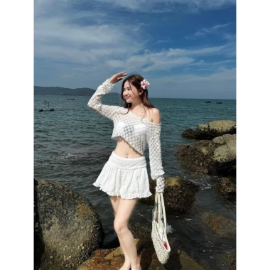 Sét hót 4 món áo bra có đính hoa có mút quần bikini rời khoác ren hoa chuẩn hình chân váy lưng thun phối ren đi biển