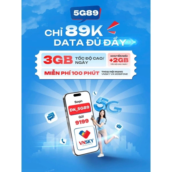 Hình ảnh sản phẩm Sim 4G VNSKY 150GB/tháng dùng MOBIFONE, gói 5G89 89k, không miễn phí tháng đầu, giảm giá 50k