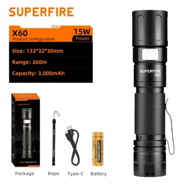 Superfire X60-T 36W Đèn pin LED có thể sạc lại mạnh mẽ Đèn pin siêu sáng Chống nước Zoomable Cắm trại Câu cá Đèn lồng 10