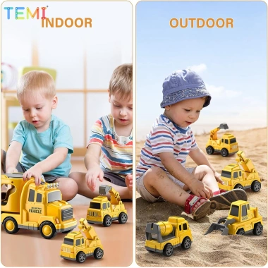 Temi 5 Trong 1 Diecast Carrier Xe Tải Đồ Chơi Gara Ô Tô Di Động Ô Tô Kỹ Thuật Xe Máy Xúc Xe Mô Hình 4