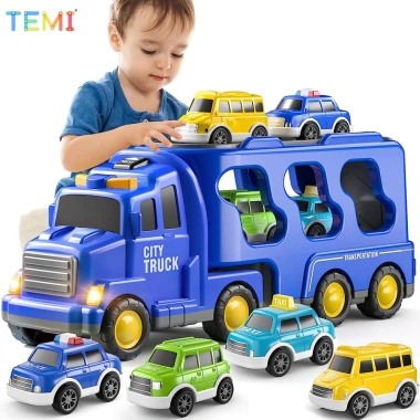 Temi 5 Trong 1 Diecast Carrier Xe Tải Đồ Chơi Gara Ô Tô Di Động Ô Tô Kỹ Thuật Xe Máy Xúc Xe Mô Hình 8