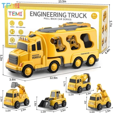Temi 5 Trong 1 Diecast Carrier Xe Tải Đồ Chơi Gara Ô Tô Di Động Ô Tô Kỹ Thuật Xe Máy Xúc Xe Mô Hình 10