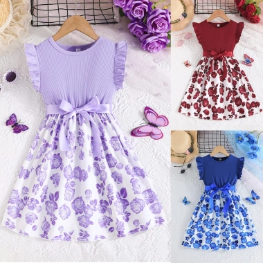 Váy đầm bé gái 4-10 tuổi tay ngắn đỏ tím hoa nhí - tiệc sinh nhật, Tết, Trung Thu