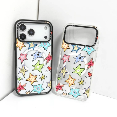 Vỏ sạc từ tính không dây Tương thích cho IPhone 14 13 15 16 17 ProMax Ốp lưng ngôi sao năm cánh đầy màu sắc Graffiti 14 PLUS 17Air Vỏ Acrylic trong suốt Hộp cản trước chống sốc cứng