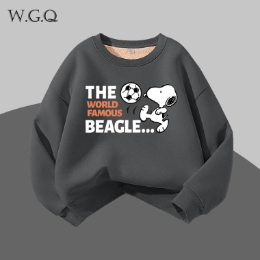 W.G.Q Áo Sweater lông cừu bé trai / bé gái , Lớp lót lông cừu phong cách thu đông dày dặn, màu trơn với họa tiết Snoopy