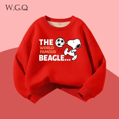 W.G.Q Áo Sweater lông cừu bé trai / bé gái , Lớp lót lông cừu phong cách thu đông dày dặn, màu trơn với họa tiết Snoopy