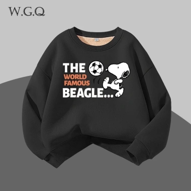 W.G.Q Áo Sweater lông cừu bé trai / bé gái , Lớp lót lông cừu phong cách thu đông dày dặn, màu trơn với họa tiết Snoopy