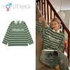 Youtang American retro sọc tương phản ve áo dài tay áo polo mùa thu nam nữ dáng rộng