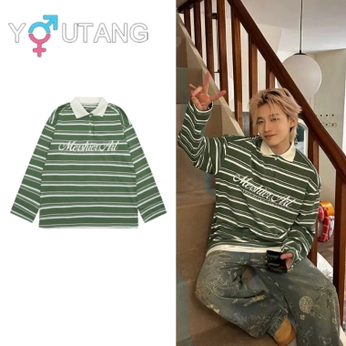 Youtang American retro sọc tương phản ve áo dài tay áo polo mùa thu nam nữ dáng rộng