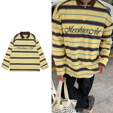 Youtang American retro sọc tương phản ve áo dài tay áo polo mùa thu nam nữ dáng rộng
