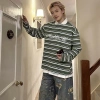 Youtang American retro sọc tương phản ve áo dài tay áo polo mùa thu nam nữ dáng rộng 7