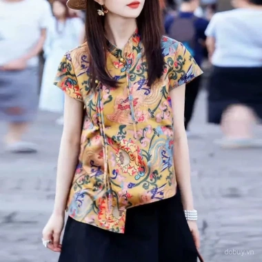 2.025 Đầm Nữ Phong Cách Trung Hoa Cổ Quan Thoại Tay Ngắn Màu Trơn Thời Trang