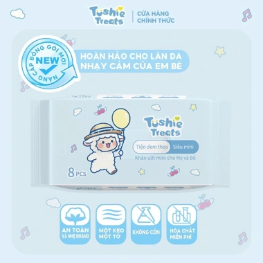 5 bịch 40 gói Tushie Treats Khăn ướt mini không mùi, không hóa chất - 8 rút/gói, giảm giá 113.000 VND