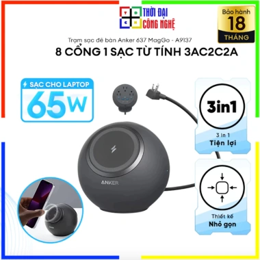 Anker 637 MagGo A9.137 Trạm sạc 65W 8in1 – 1 sạc từ tính, 3 AC, 2 USB‑A, 2 USB‑C, Giá 2.05 triệu