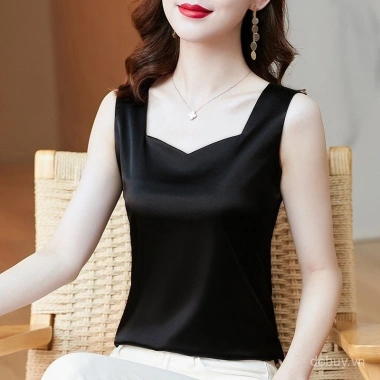 Áo ba lỗ không tay vải sa tanh ngoại cỡ nữ, cổ chữ V mùa hè sang trọng, thích hợp áo khoác và bộ xếp tầng - Giá 147.137₫