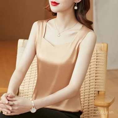 Áo ba lỗ không tay vải sa tanh ngoại cỡ nữ, cổ chữ V mùa hè sang trọng, thích hợp áo khoác và bộ xếp tầng - Giá 147.137₫