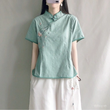 Áo blouse cài nút Trung Quốc, thêu cotton lanh, 210.189₫ - Trang phục châu Á nữ