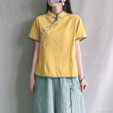 Áo blouse cài nút Trung Quốc, thêu cotton lanh, 210.189₫ - Trang phục châu Á nữ