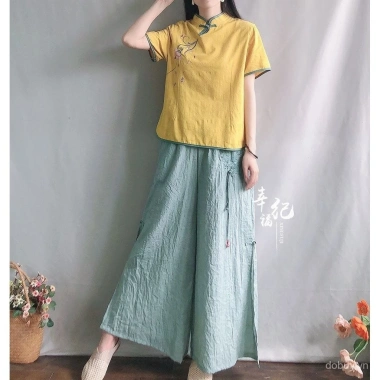 Áo blouse cài nút Trung Quốc, thêu cotton lanh, 210.189₫ - Trang phục châu Á nữ