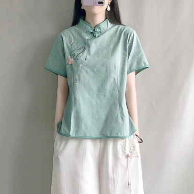Áo blouse cài nút Trung Quốc, thêu cotton lanh, 210.189₫ - Trang phục châu Á nữ