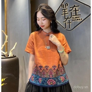 Áo blouse cotton và lanh phong cách châu Á nữ, thêu Barong mùa hè - giá 221.404₫