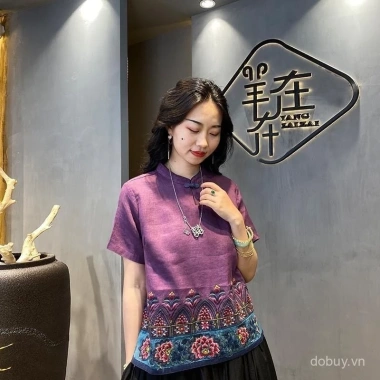Áo blouse cotton và lanh phong cách châu Á nữ, thêu Barong mùa hè - giá 221.404₫