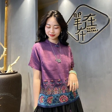 Áo blouse cotton và lanh phong cách châu Á nữ, thêu Barong mùa hè - giá 221.404₫