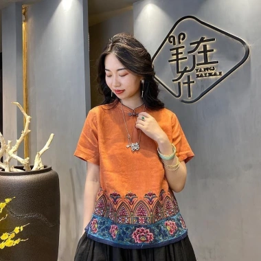 Áo blouse cotton và lanh phong cách châu Á nữ, thêu Barong mùa hè - giá 221.404₫