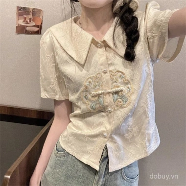 Áo blouse nữ mùa hè cổ búp bê Trung Quốc, thêu tay ngắn, sang trọng - 227.805₫
