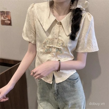 Áo blouse nữ mùa hè cổ búp bê Trung Quốc, thêu tay ngắn, sang trọng - 227.805₫