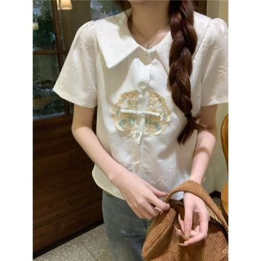 Áo blouse nữ mùa hè cổ búp bê Trung Quốc, thêu tay ngắn, sang trọng - 227.805₫