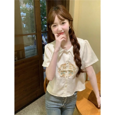 Áo blouse nữ mùa hè cổ búp bê Trung Quốc, thêu tay ngắn, sang trọng - 227.805₫
