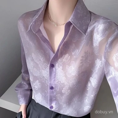 Áo blouse ren lụa thêu tay hiện đại cho phụ nữ mùa xuân 2.025, cổ đứng retro phong cách Trung Quốc dài
