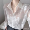Áo blouse ren lụa thêu tay hiện đại cho phụ nữ mùa xuân 2.025, cổ đứng retro phong cách Trung Quốc dài 9