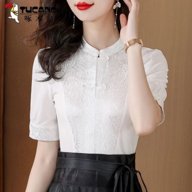 Áo chui đầu phong cách dân tộc Trung Hoa tay ngắn, nút trước mùa hè - Giá 340k 10