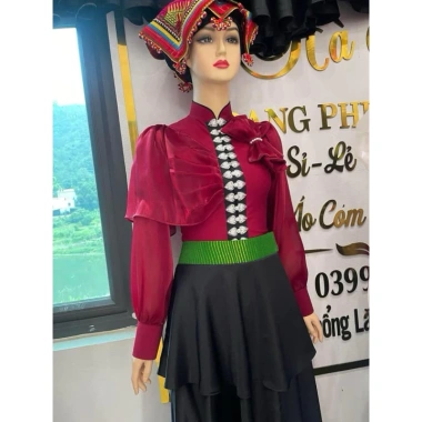 Áo cổ đứng lụa mềm đỏ đô nơ 1 cánh, tay tơ dài, áo cóm Thái - Giá ưu đãi 250k