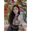 Áo cóm cổ đứng phi bóng trắng thổ cẩm nâu tay tơ 2 lớp - Giá chỉ 250.000 VND, ưu đãi đặc biệt cho trang phục dân tộc 2